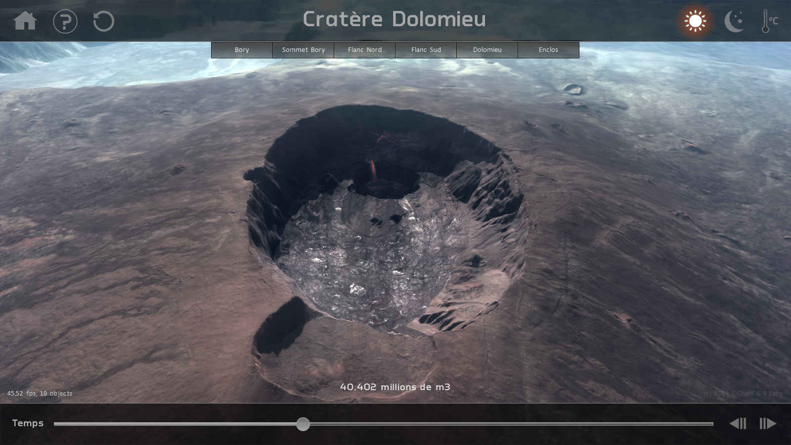 Refilling the Dolomieu - the counter reads simulated lava volume